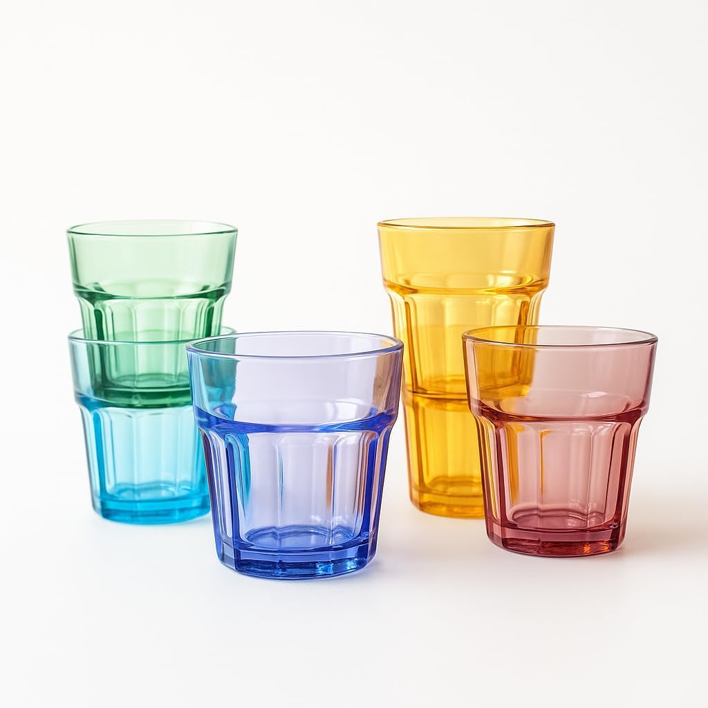 Set of 6 Coloured Glass Tumbler Glasses 360 ml and 300 ml High Quality, Modern Style, Durable and Stackable Water Glasses, Cocktails, Aperitifs, Drinks, Summer, Camping (Set Catalina)