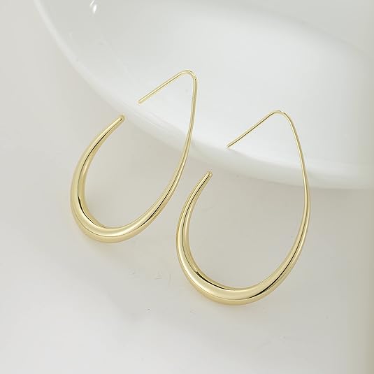 Lightweight Teardrop Hoop Earrings for Women - 14k Gold/White Gold Plated Large Oval Pull Through Hoop Earrings High Polished Statement Jewelry Gift for Women