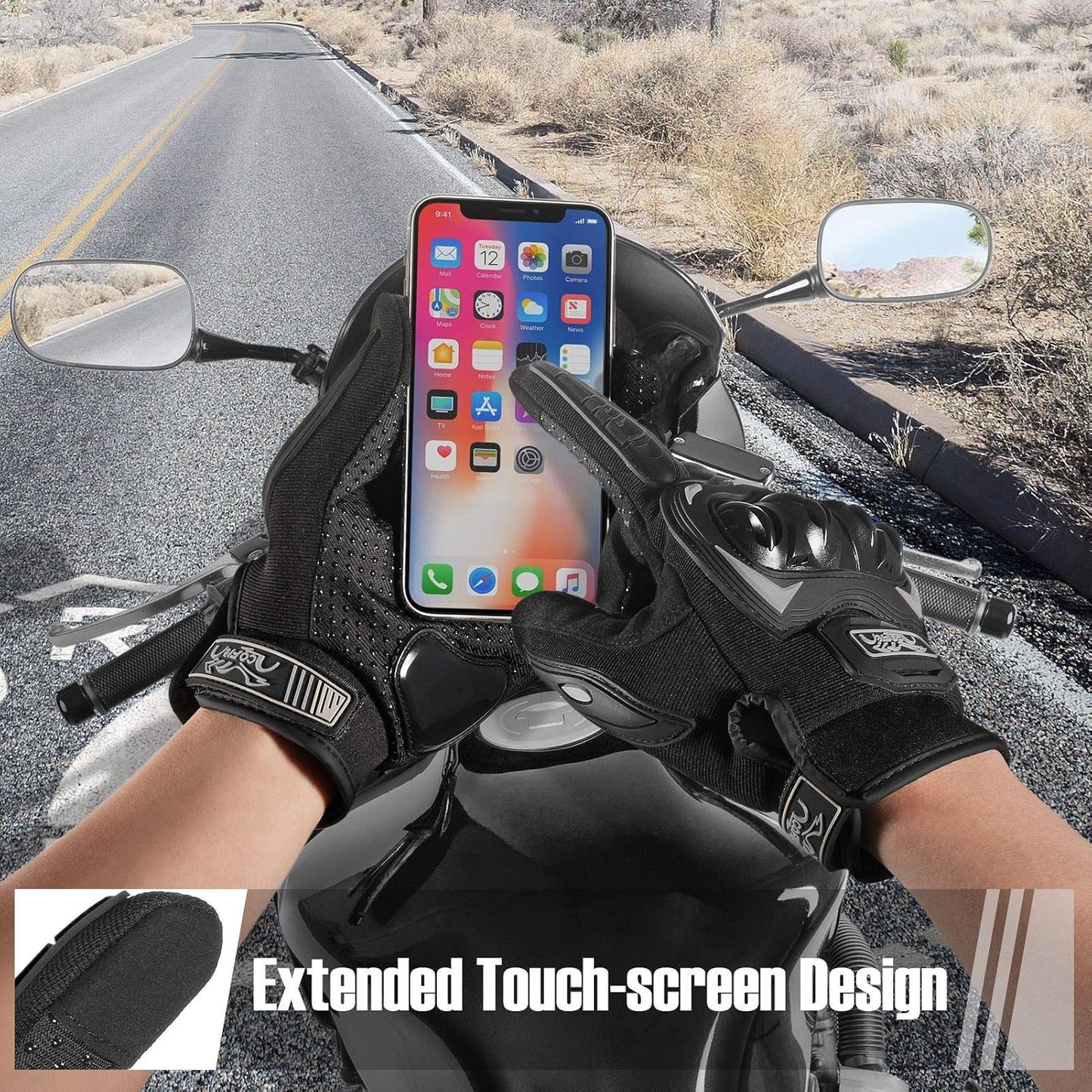 Motorcycle Gloves for Men and Women, Full Finger Touchscreen Motorbike Gloves for BMX ATV MTB Riding, Road Racing, Cycling, Climbing, Motocross - Black M
