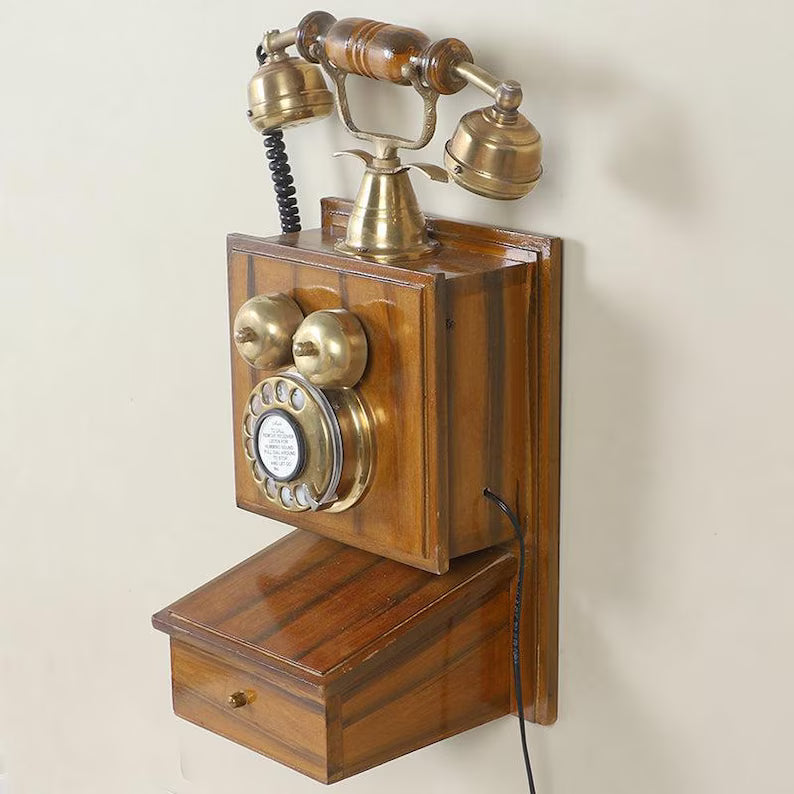 Vintage Rotary Wall Phone - Antique Wooden Wall Mount Telephone with Brass Components