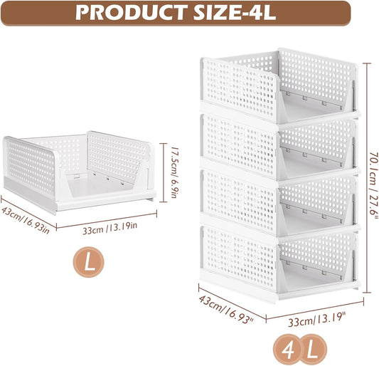 Wardrobe Storage Organiser - 4 Pack Folding Closet Organisers, Stackable Storage Boxes, Plastic Drawer Organiser Basket for Bedroom Kitchen Bathroom White