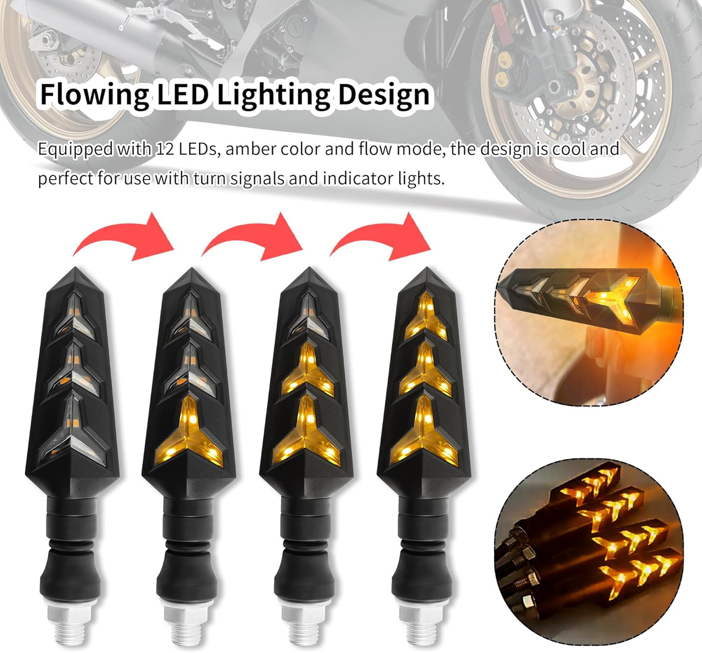 4PCS Motorcycle Turn Signals Kit with Flowing Amber LED Lights,M10 12V LED Motorcycle Lights for MMotorcycle Blinkers,Personalized MMotorcycle Accessories for Motorbike Scooter Off Road