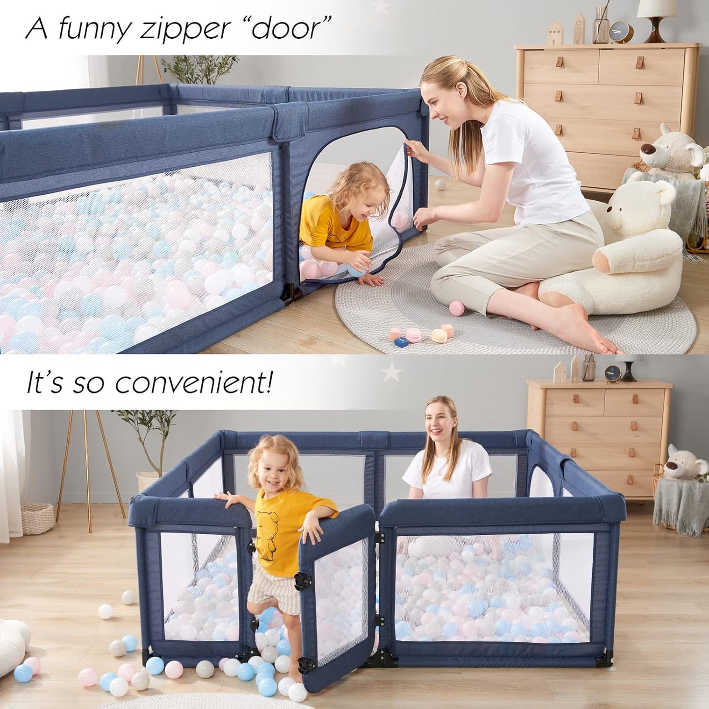 Baby Playpen,Extra Large Playpen for Babies and Toddlers, Sturdy Play Pen Play Yard with Safety Gate,79”x59”Baby Play Pen(Cationic Navy Blue)
