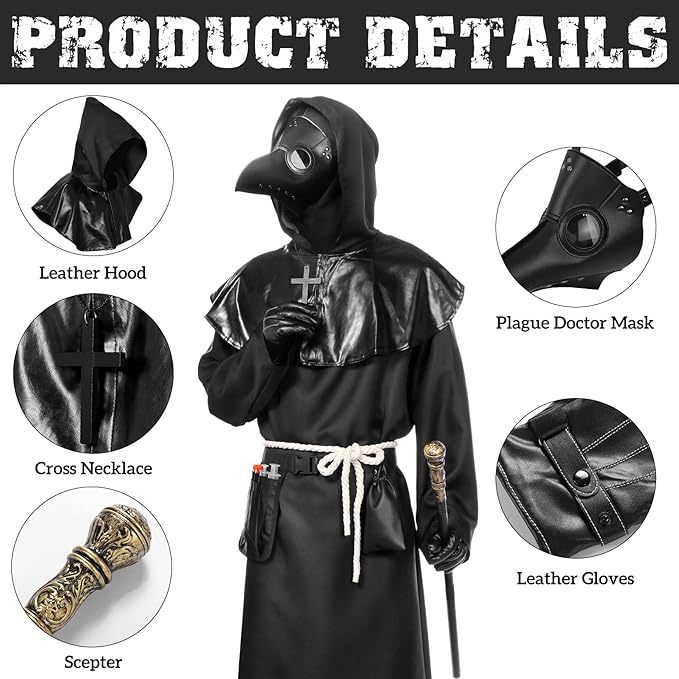 Plague Doctor Costume Suit, Plague Doctor Outfit Steampunk Fancy Dress Plague Doctor Robe with Plague Doctor Mask Scepter Cross Necklace Belt Pouch, Halloween Costumes for Adults