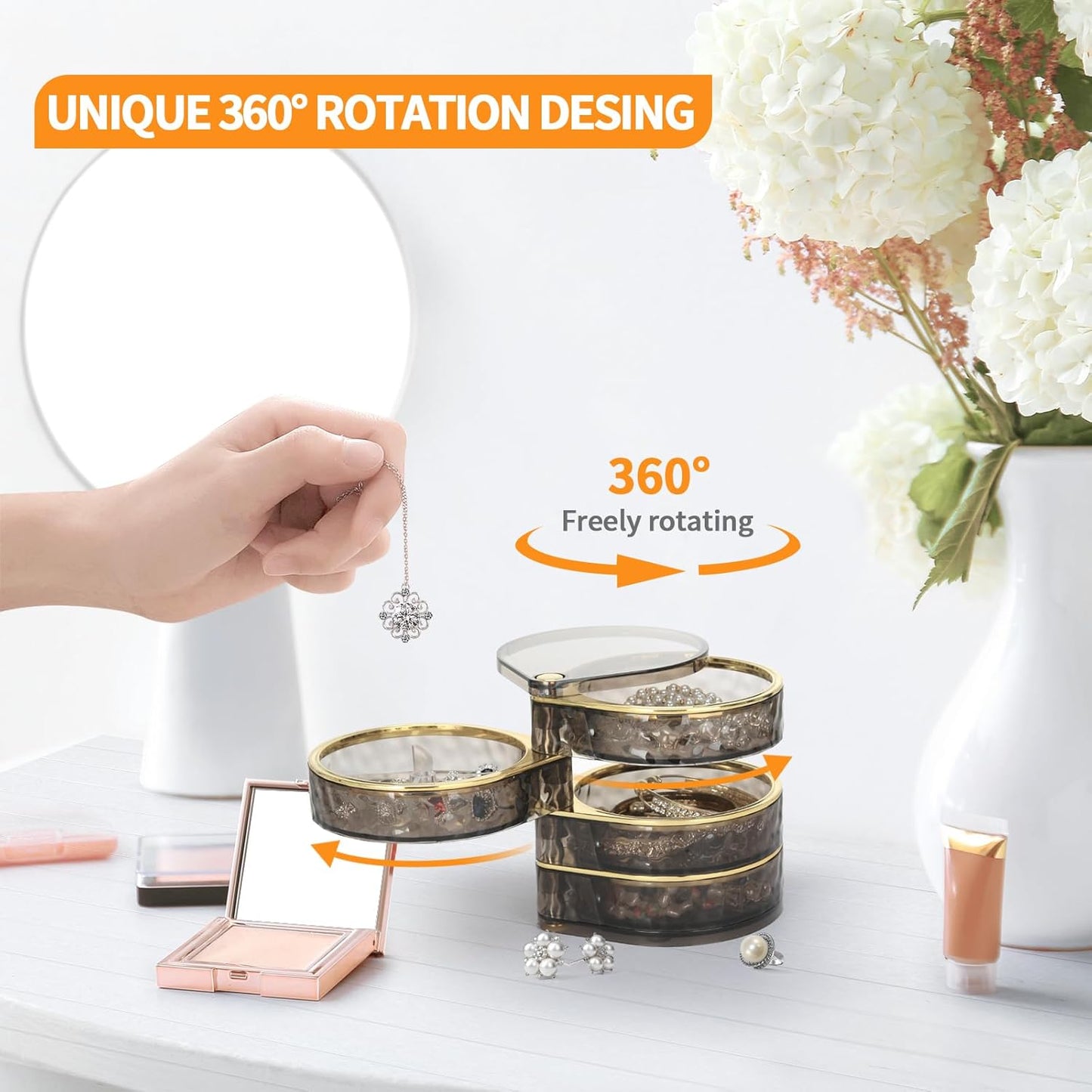 4-Layers Rotatable Jewelry Organizer Storage Box, Clear Jewelry Holder Case for Ring Earring Necklaces Bracelets Makeup Hair Accessories