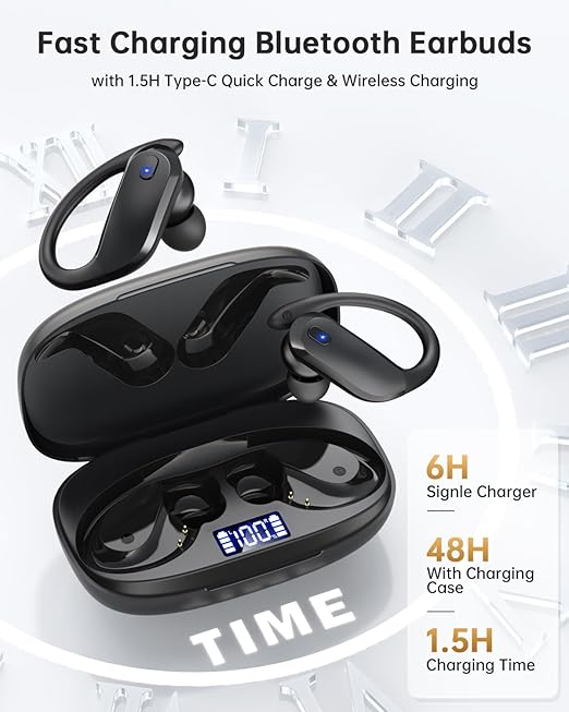 Wireless Earbuds Bluetooth 5.3 Headphones Sport,IPX7 Waterproof Sports Earphones with Earhooks,48H Playtime,Lightweight 7.8g,Fast Charging Case,Noise Cancelling Mic for Running Gym Workout-Black