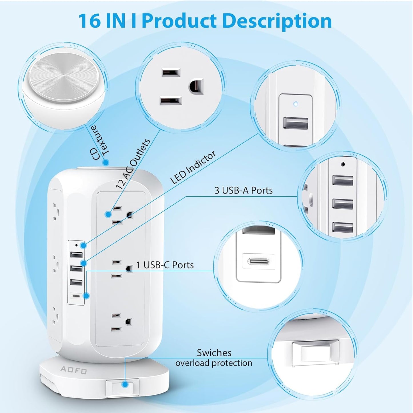 Tower Power Strip Flat Plug with 12 Outlets 4 USB(1 USB C) Surge Protector Charging Station with Overload Protection, Widely Spaced Multiple Outlets 10Ft Extension Cord for Home, Dorm,Office
