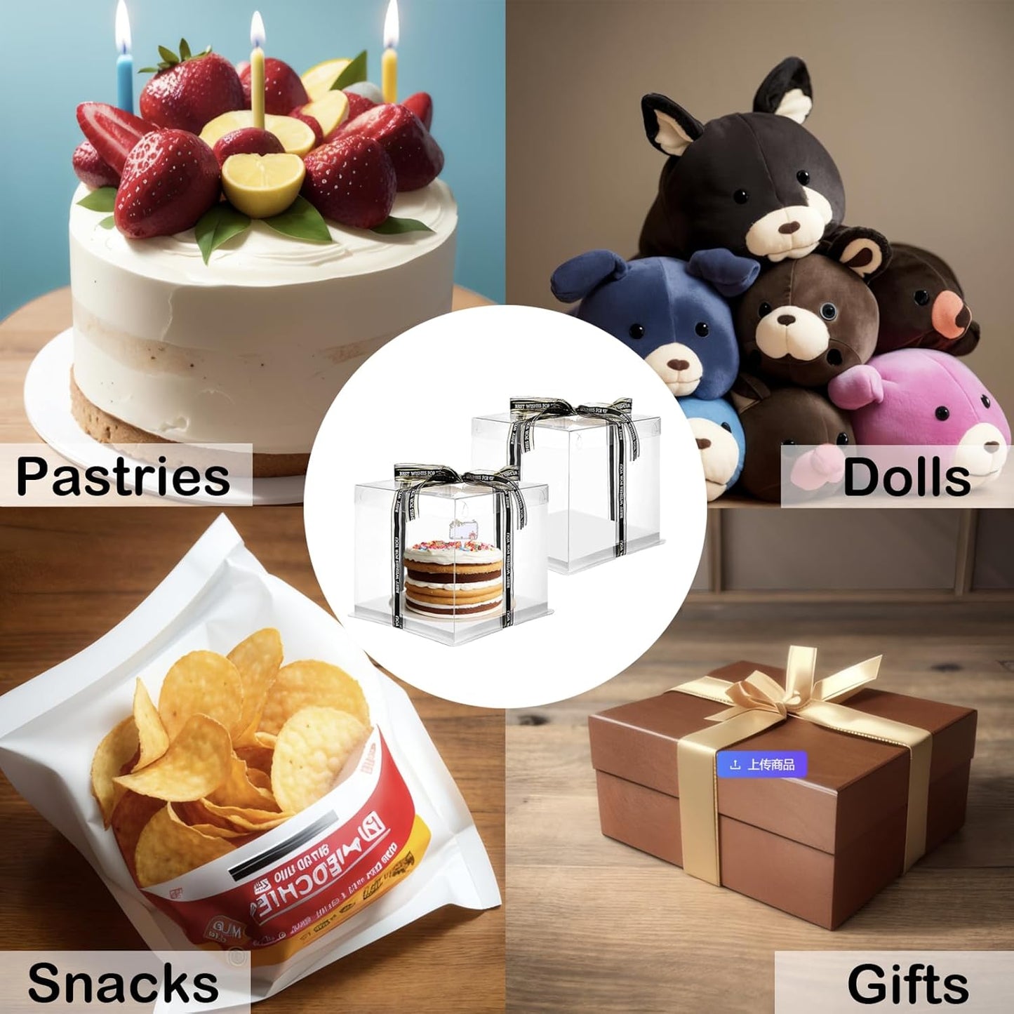 Clear Cake Box, 2 Pcs Transparent Cake Carrier Box with Lids, 4'' PET Cake Packaging Boxes with Ribbon Gift Card for Pastries, Clear Gift Boxes for Birthday, Wedding and Festival Party, White.