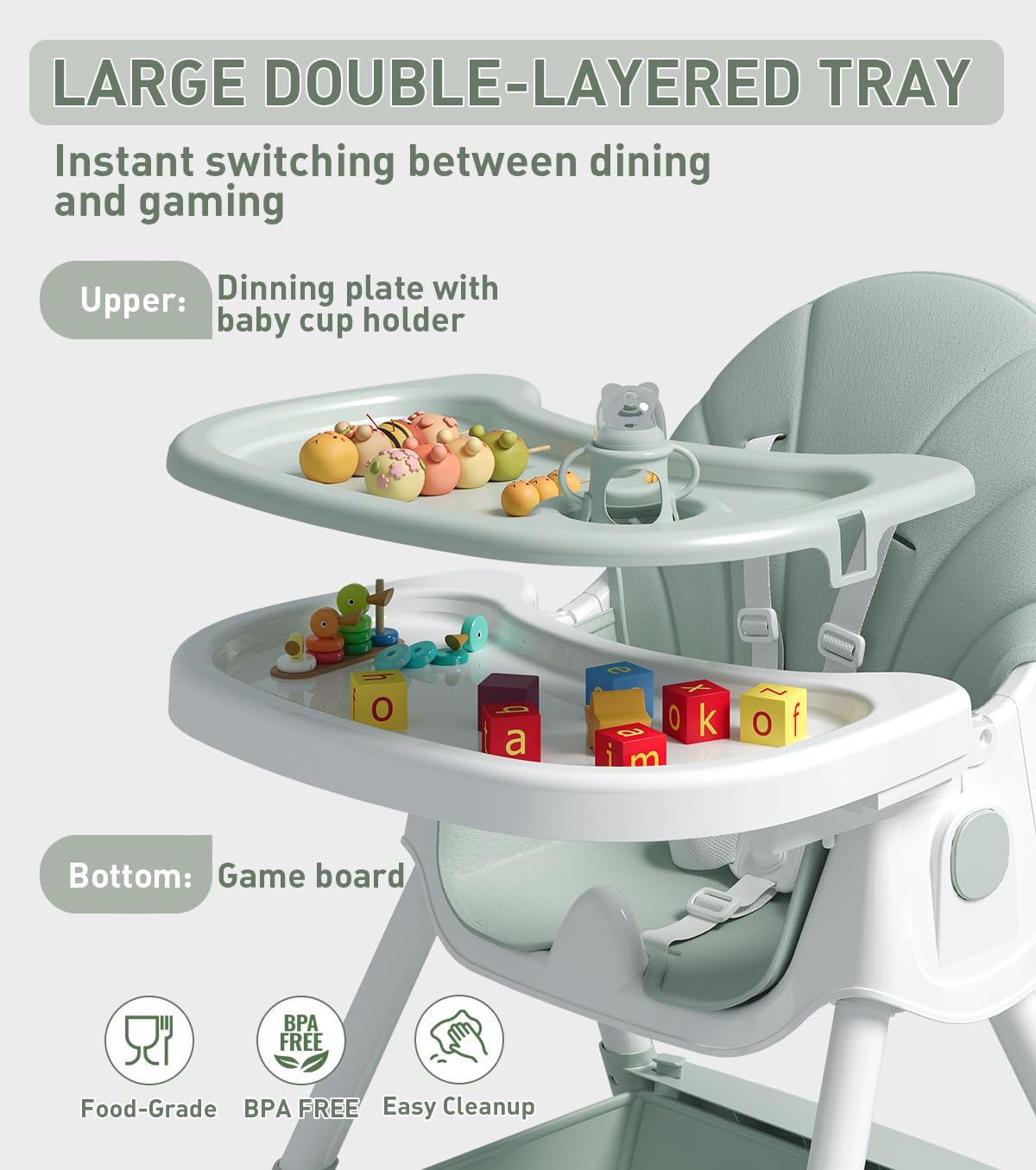 Baby High Chair, 5 in 1 High Chairs for Babies and Toddlers, Travel Foldable High Chair with Foot Rest, Detachable PU Cushion, Double Removable Tray, Adjustable Height & Recline