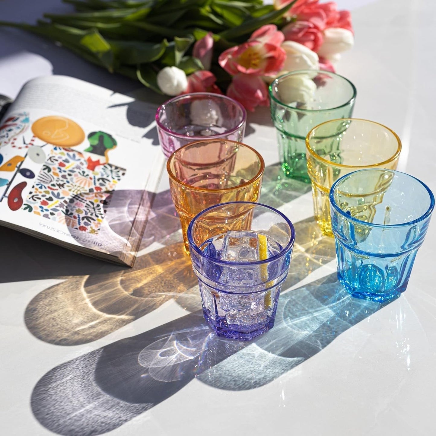 Set of 6 Coloured Glass Tumbler Glasses 360 ml and 300 ml High Quality, Modern Style, Durable and Stackable Water Glasses, Cocktails, Aperitifs, Drinks, Summer, Camping (Set Catalina)