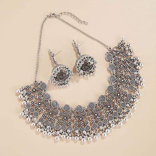 Indian Bollywood Traditional Jhumka Jewellery Set for Women Large Big Tassel Beaded Kundan Ethnic Wedding Wear Party Festival Choker Necklace Earrings Maang Tikka Traditional Fashion Antique Jewelry