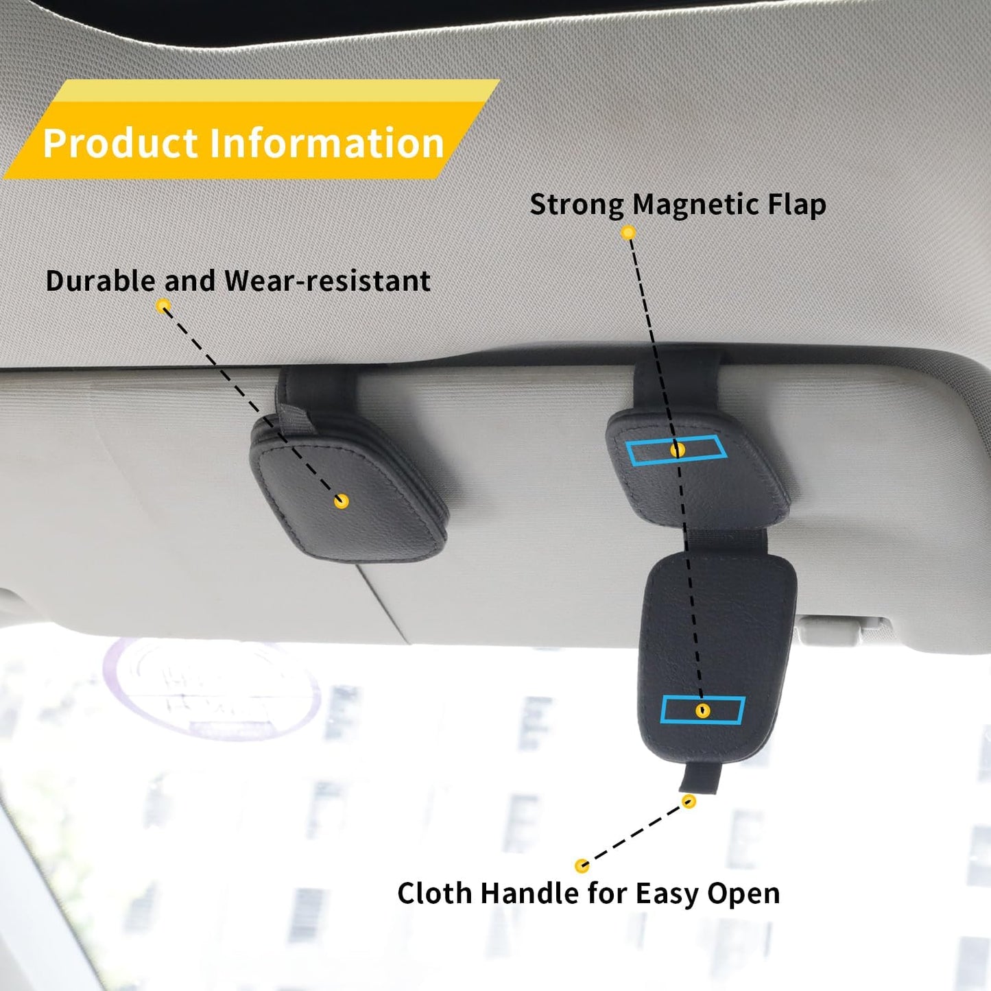 Sunglass Holder for Car, Magnetic Leather Sunglasses Holder and Ticket Card Clip, Car Visor Accessories, 2 Packs (Black)