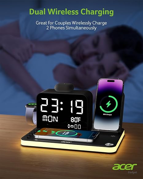 7-in-1 Wireless Charging Station: Charger Stand for Multiple Devices for Apple - iPhone 16 15 14 13 12 Pro Max Apple Watch Airpods, Wireless Charger iPhone Charging Station with Bluetooth TimeSyn