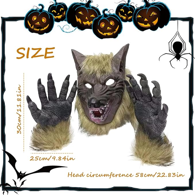 Costume da mannaro, maschera mannaro costume di Halloween Maschera realistica e 1 paio di guanti zampe per il cosplay da festa di Halloween vestirsi