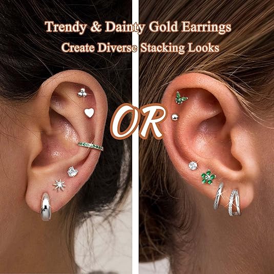 Hypoallergenic Gold Stud Hoop Earrings for Women Men Surgical Stainless Steel Flat Back Earrings Small 14K Gold Huggie Hoops Cartilage Earring Set for Multiple Piercing Jewelry Gifts for Women