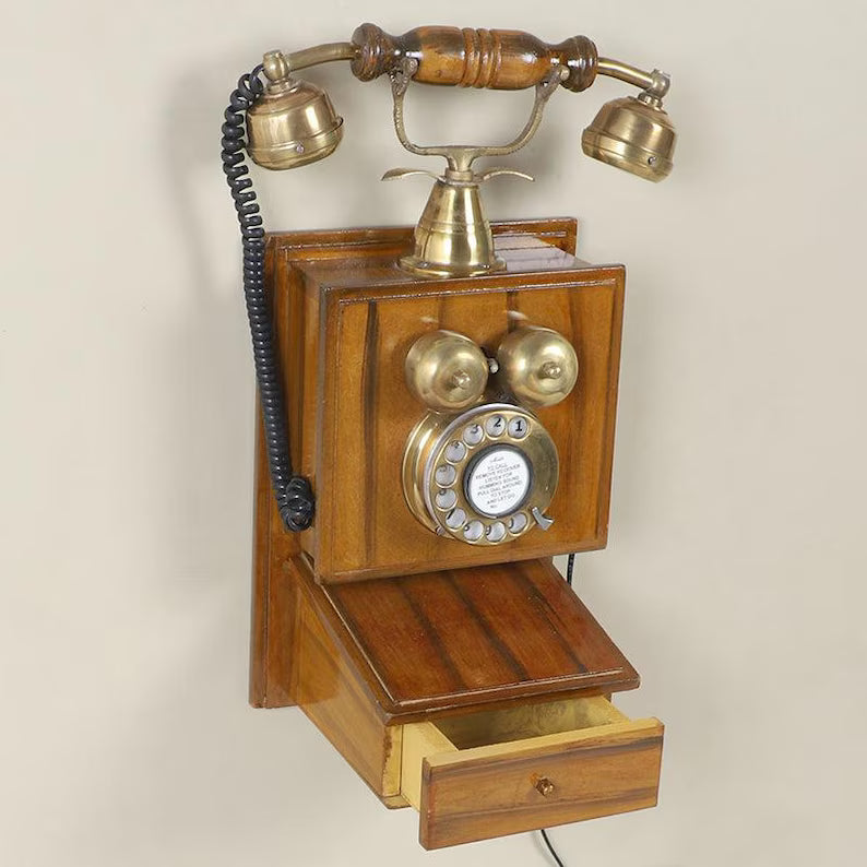 Vintage Rotary Wall Phone - Antique Wooden Wall Mount Telephone with Brass Components