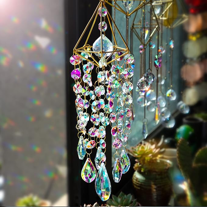 Crystal Suncatchers for Window Hanging Wind Chime Style Garden Sun Catchers with Crystals Rainbow Maker Indoor Outdoor Decor Handmade Gold Plated