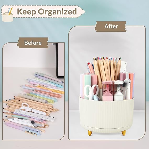 360 Rotating Plastic Desk Pen Organizer with 5 Slots, Dual-Purpose Art Supply Pencil Cup for Office, School, Home