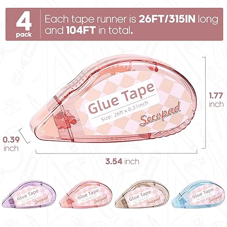 Scrapbook Tape, 4 Pack Double Sided Tape Roller for Crafts, Adhesive Glue Runner Scrapbooking Supplies Journaling School Office Teacher Supplies for Kids and Adults, 0.3IN x 26FT