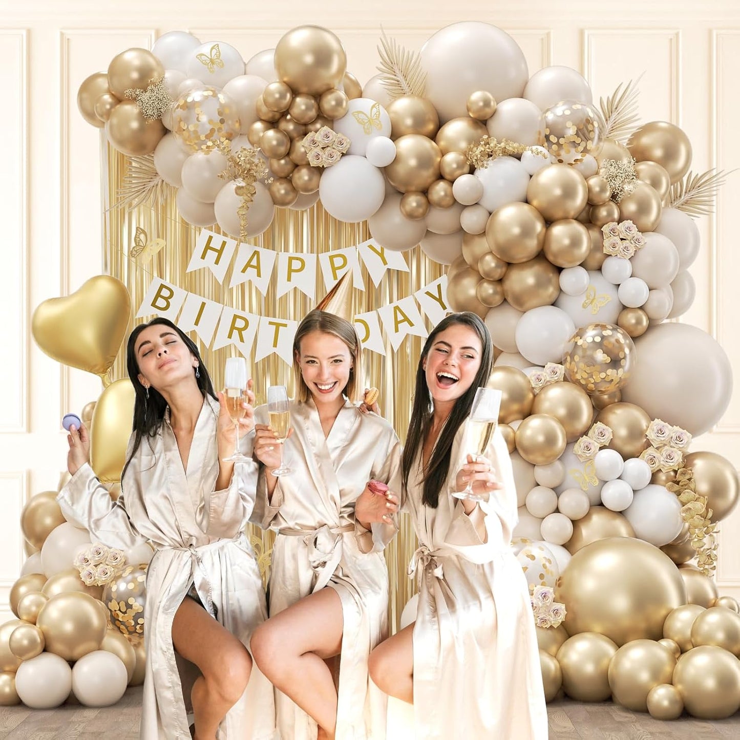 White and Gold Birthday Decorations for Women with Sand White Metallic Gold Confetti Foil Balloons Fringe Curtain Bannner for Golden Birthday Party Decorations for Women