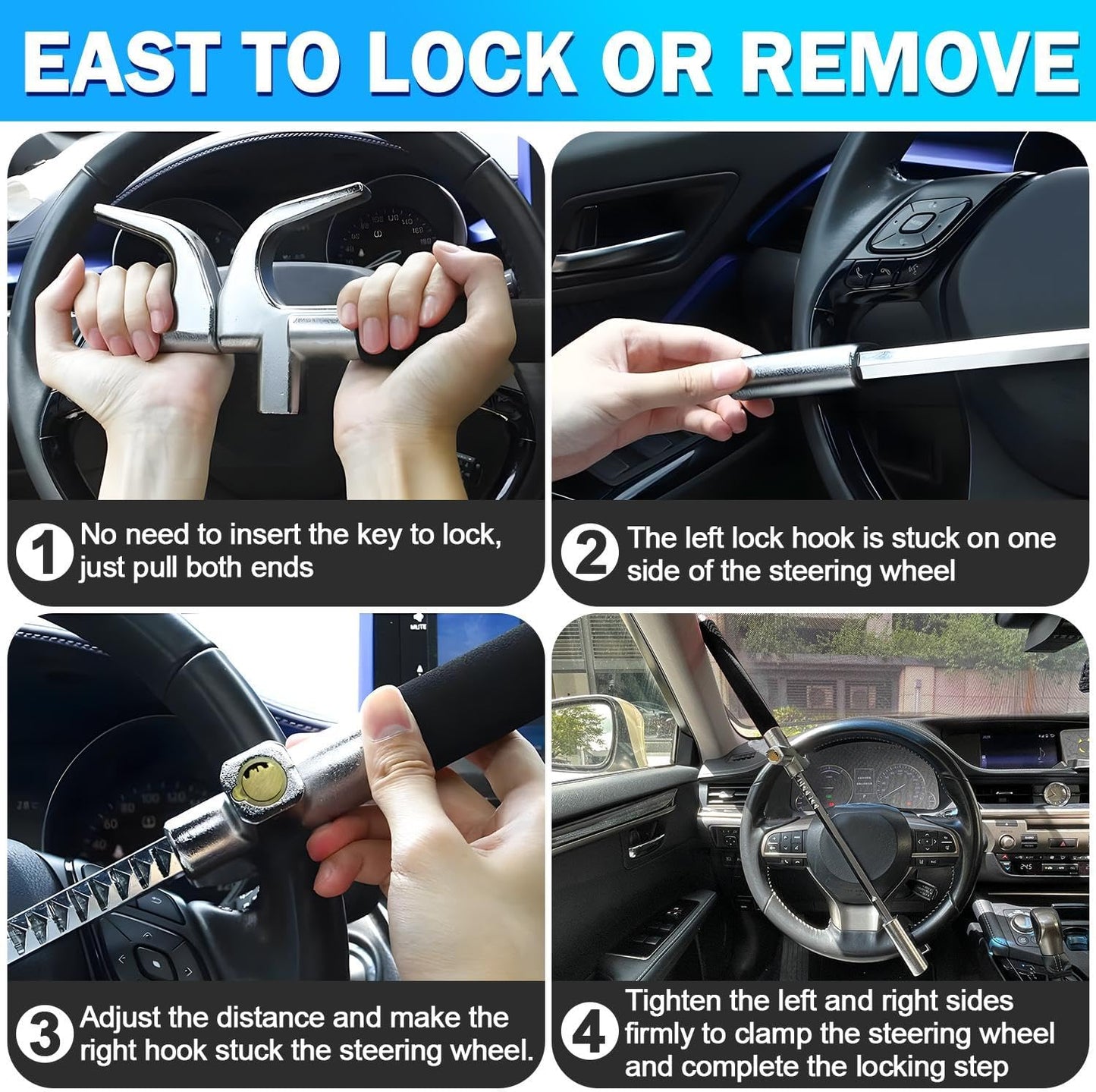 Steering Wheel Lock Universal Security Car Locks with Safety Hammer Heavy Duty Carro Wheel Locks Retractable Anti-Theft Prevention Device for Truck|SUV|Van Accessories, Black