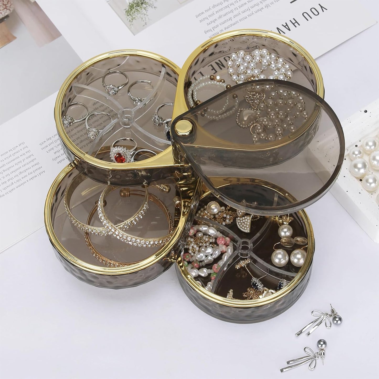 4-Layers Rotatable Jewelry Organizer Storage Box, Clear Jewelry Holder Case for Ring Earring Necklaces Bracelets Makeup Hair Accessories