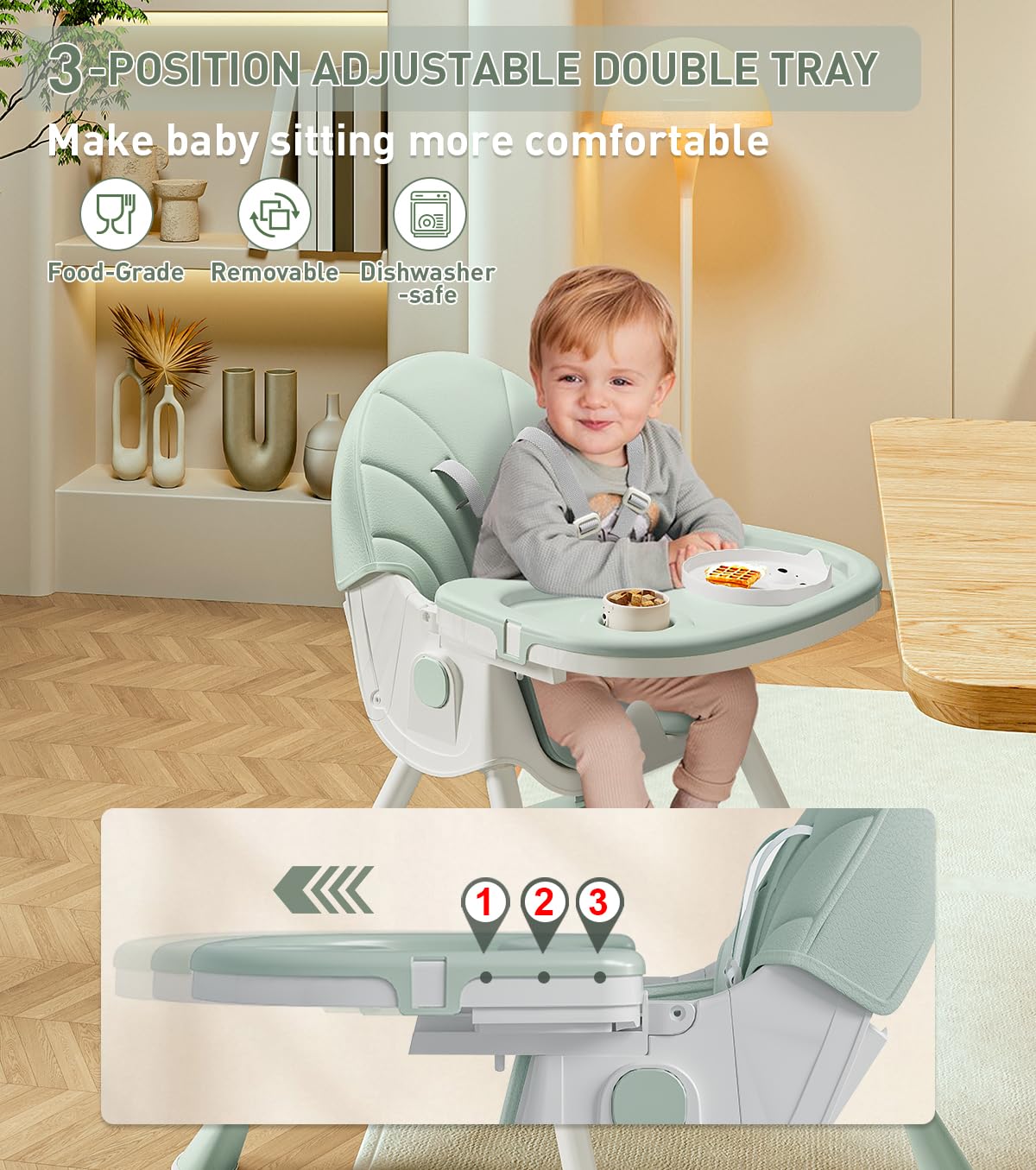 Baby High Chair, 5 in 1 High Chairs for Babies and Toddlers, Travel Foldable High Chair with Foot Rest, Detachable PU Cushion, Double Removable Tray, Adjustable Height & Recline