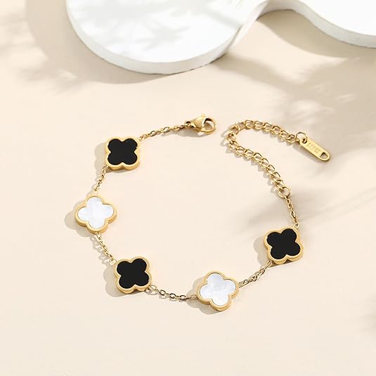 18K Gold Plated Clover Lucky Bracelet for Women White/Black/Red/Green Flower Four Leaf Link Bracelets Trendy Jewelry Gifts for Women