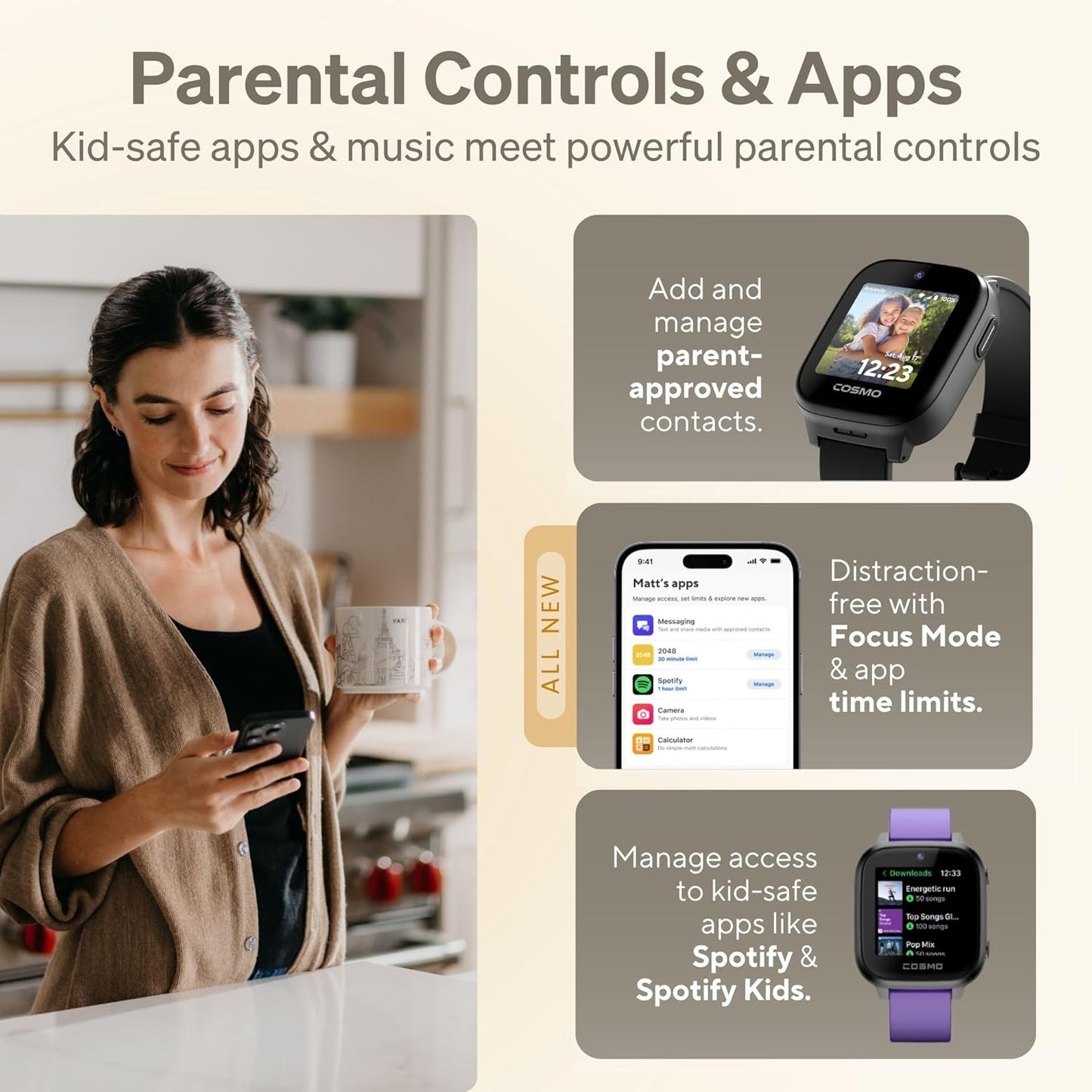 Kids Smart Watch by Cosmo | Best Kid-Safe Phone Watch | Precision Real-Time GPS Tracking | Call, Text, Activity, School Settings | Spotify Music | Parental Controls | SOS & Safety Alerts