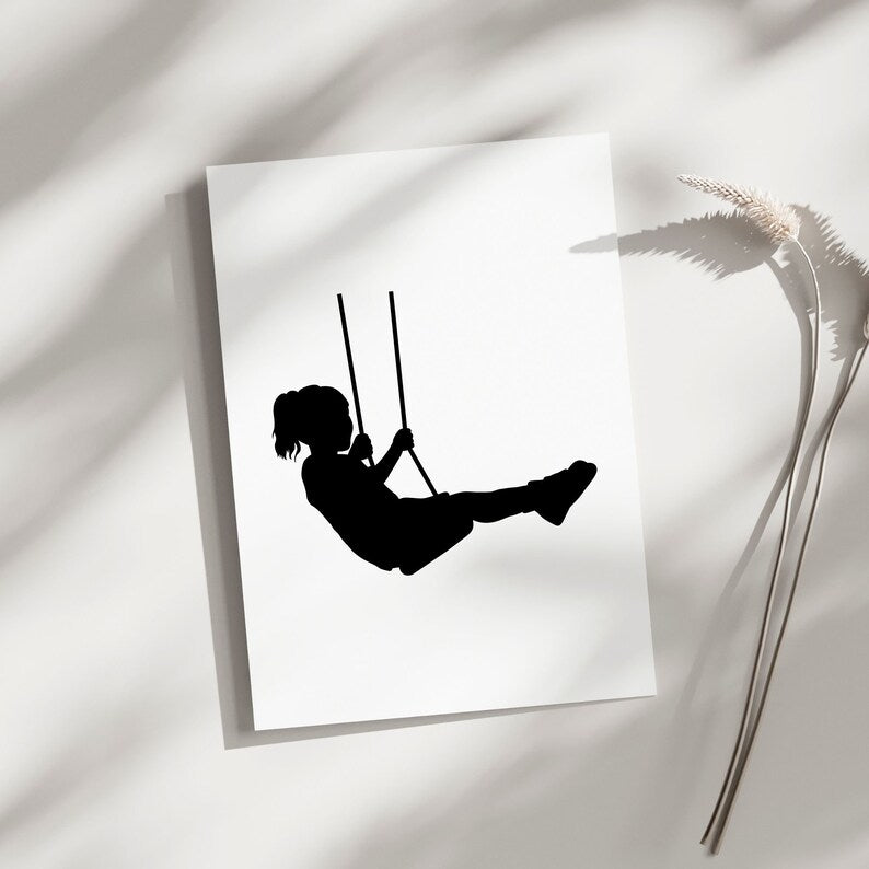 Girl cat swing svg png\ little girl with cat on swing clipart\ nursery wall decor\ printable cut file cricut silhouette digital download