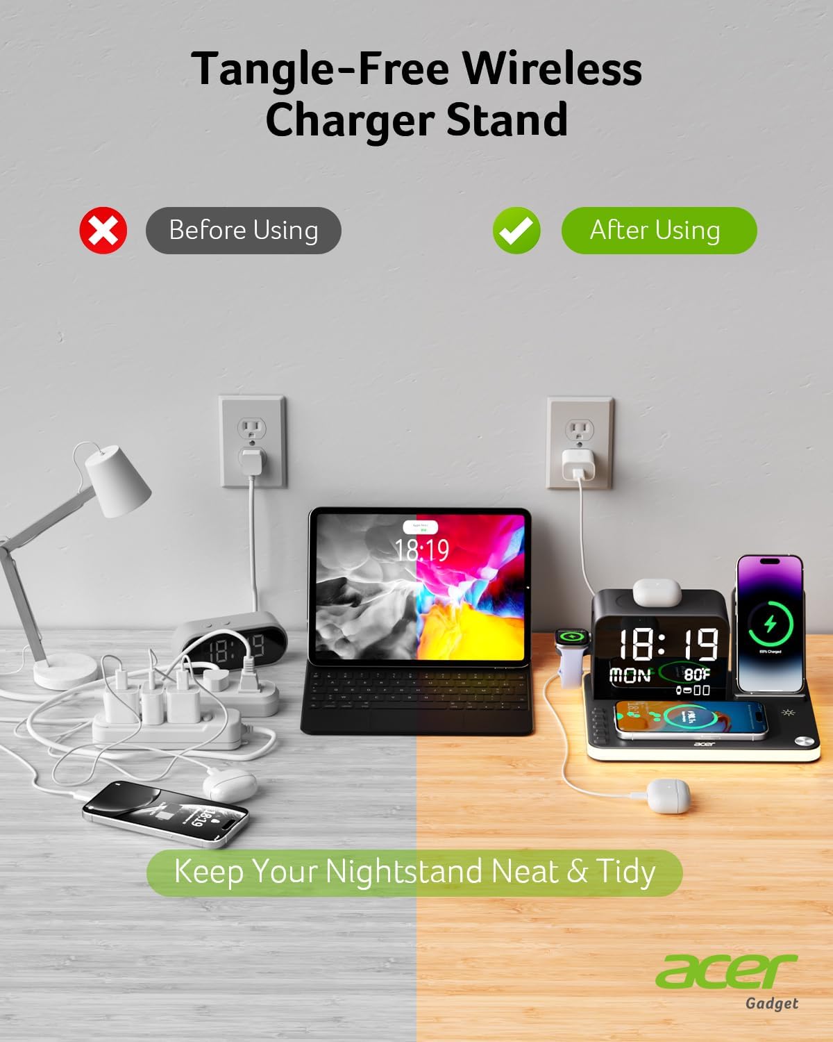 7-in-1 Wireless Charging Station: Charger Stand for Multiple Devices for Apple - iPhone 16 15 14 13 12 Pro Max Apple Watch Airpods, Wireless Charger iPhone Charging Station with Bluetooth TimeSyn
