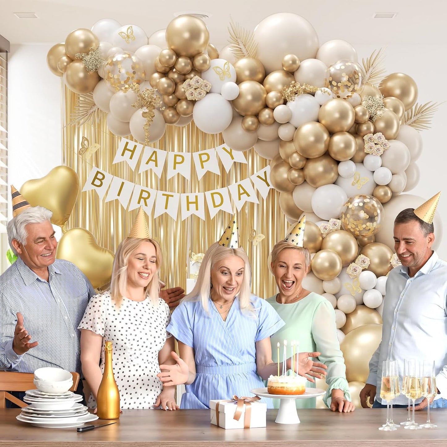 White and Gold Birthday Decorations for Women with Sand White Metallic Gold Confetti Foil Balloons Fringe Curtain Bannner for Golden Birthday Party Decorations for Women