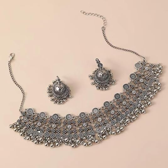 Indian Bollywood Traditional Jhumka Jewellery Set for Women Large Big Tassel Beaded Kundan Ethnic Wedding Wear Party Festival Choker Necklace Earrings Maang Tikka Traditional Fashion Antique Jewelry