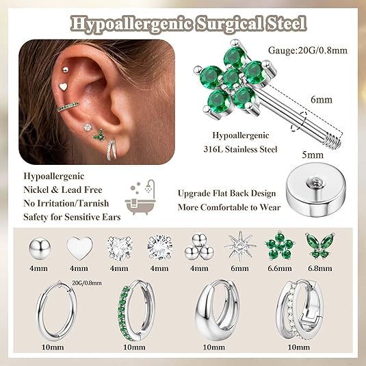 Hypoallergenic Gold Stud Hoop Earrings for Women Men Surgical Stainless Steel Flat Back Earrings Small 14K Gold Huggie Hoops Cartilage Earring Set for Multiple Piercing Jewelry Gifts for Women