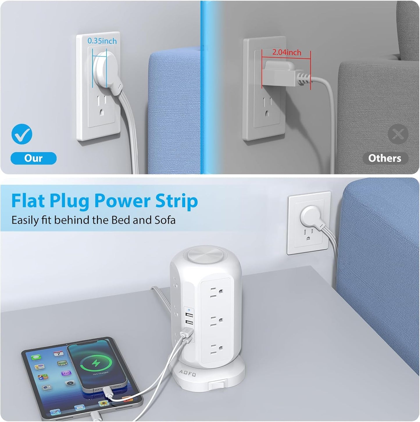 Tower Power Strip Flat Plug with 12 Outlets 4 USB(1 USB C) Surge Protector Charging Station with Overload Protection, Widely Spaced Multiple Outlets 10Ft Extension Cord for Home, Dorm,Office