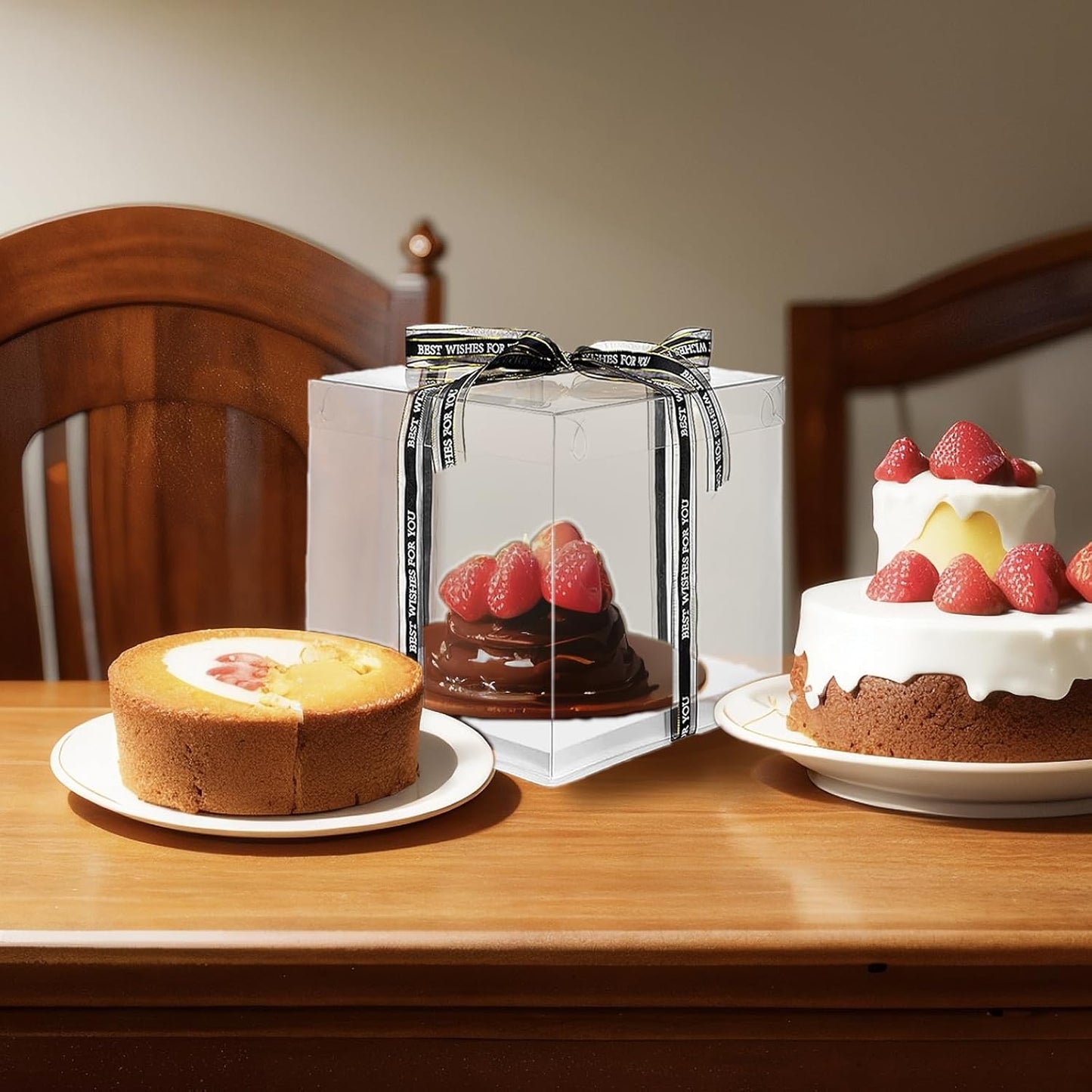 Clear Cake Box, 2 Pcs Transparent Cake Carrier Box with Lids, 4'' PET Cake Packaging Boxes with Ribbon Gift Card for Pastries, Clear Gift Boxes for Birthday, Wedding and Festival Party, White.