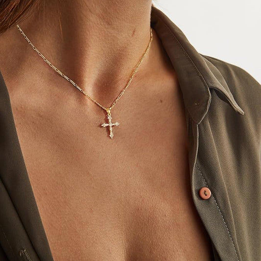 Cross Necklace for Women,Double Cross Necklace 14K Gold Plated Cross Pendant Necklace Dainty Gold Cross Necklaces for Women Trendy Small Cross Charm Necklace Simple Cute Choker Necklaces Gold Jewery