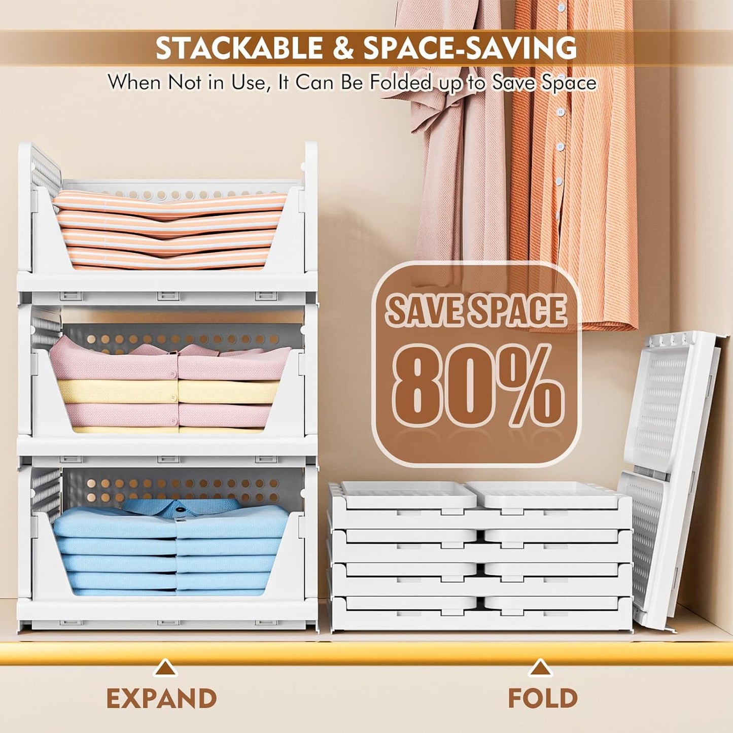 Wardrobe Storage Organiser - 4 Pack Folding Closet Organisers, Stackable Storage Boxes, Plastic Drawer Organiser Basket for Bedroom Kitchen Bathroom White