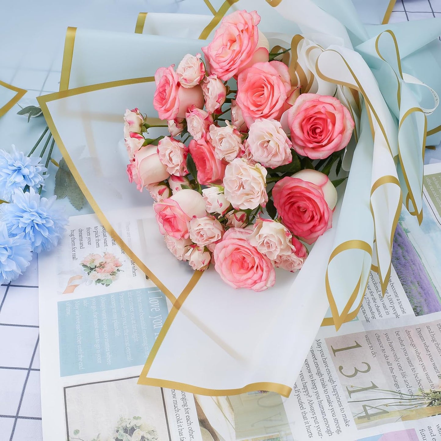 20 Sheets Bouquet Wrapping Paper, Waterproof Floral Wrapping Paper, Florist Supplies Packaging Paper, Flower Wrapping Paper for Commemoration Day, Festival,Wedding, Birthday, Gift DIY (Pink)