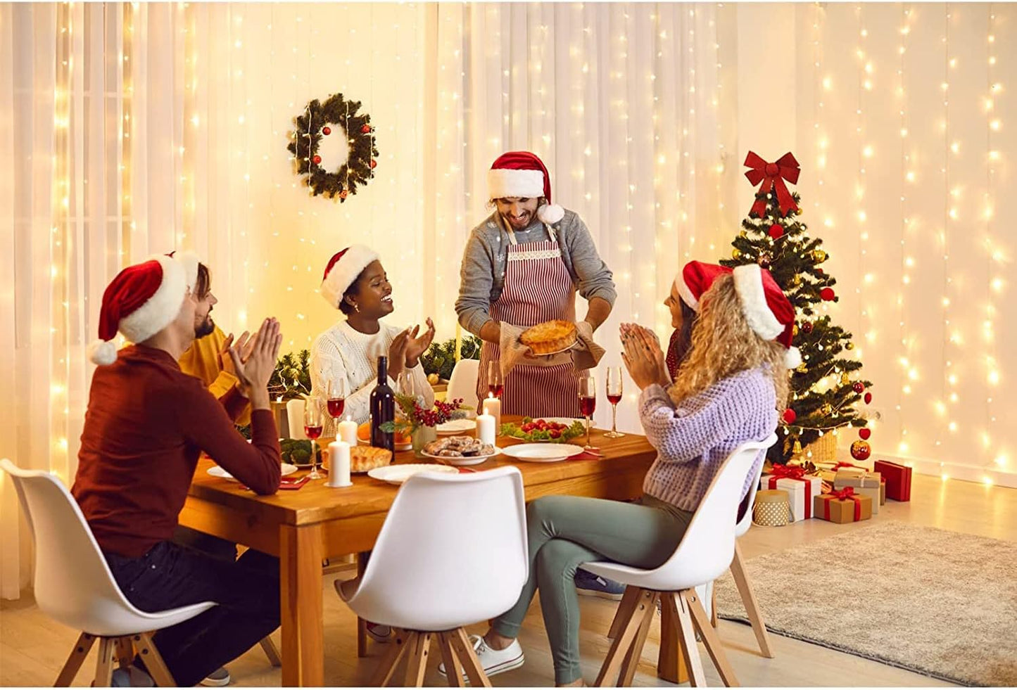 300 LED Curtain Lights Battery Operated, 9.8ft×9.8ft Hanging Light with Remote Timer Fairy Curtain Lights for Bedroom Patio Wedding Backdrop Party Decór (Warm White)