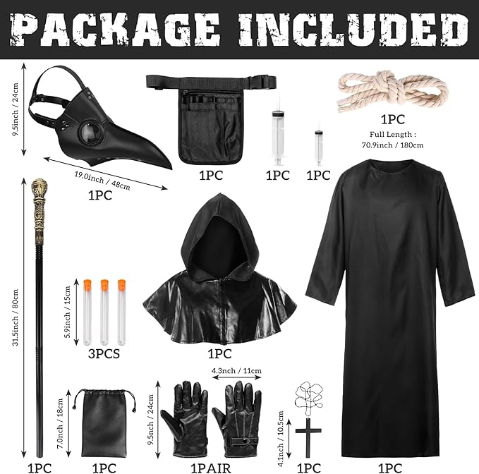 Plague Doctor Costume Suit, Plague Doctor Outfit Steampunk Fancy Dress Plague Doctor Robe with Plague Doctor Mask Scepter Cross Necklace Belt Pouch, Halloween Costumes for Adults