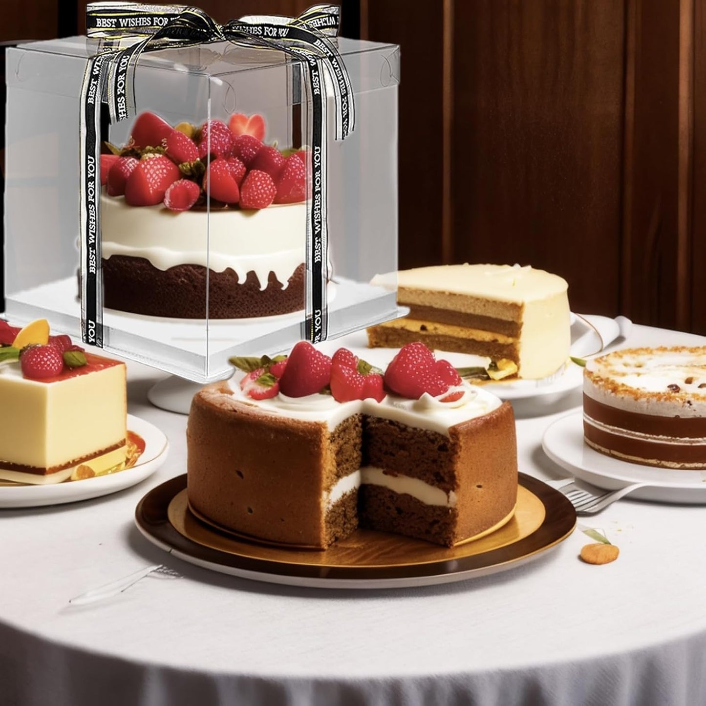 Clear Cake Box, 2 Pcs Transparent Cake Carrier Box with Lids, 4'' PET Cake Packaging Boxes with Ribbon Gift Card for Pastries, Clear Gift Boxes for Birthday, Wedding and Festival Party, White.