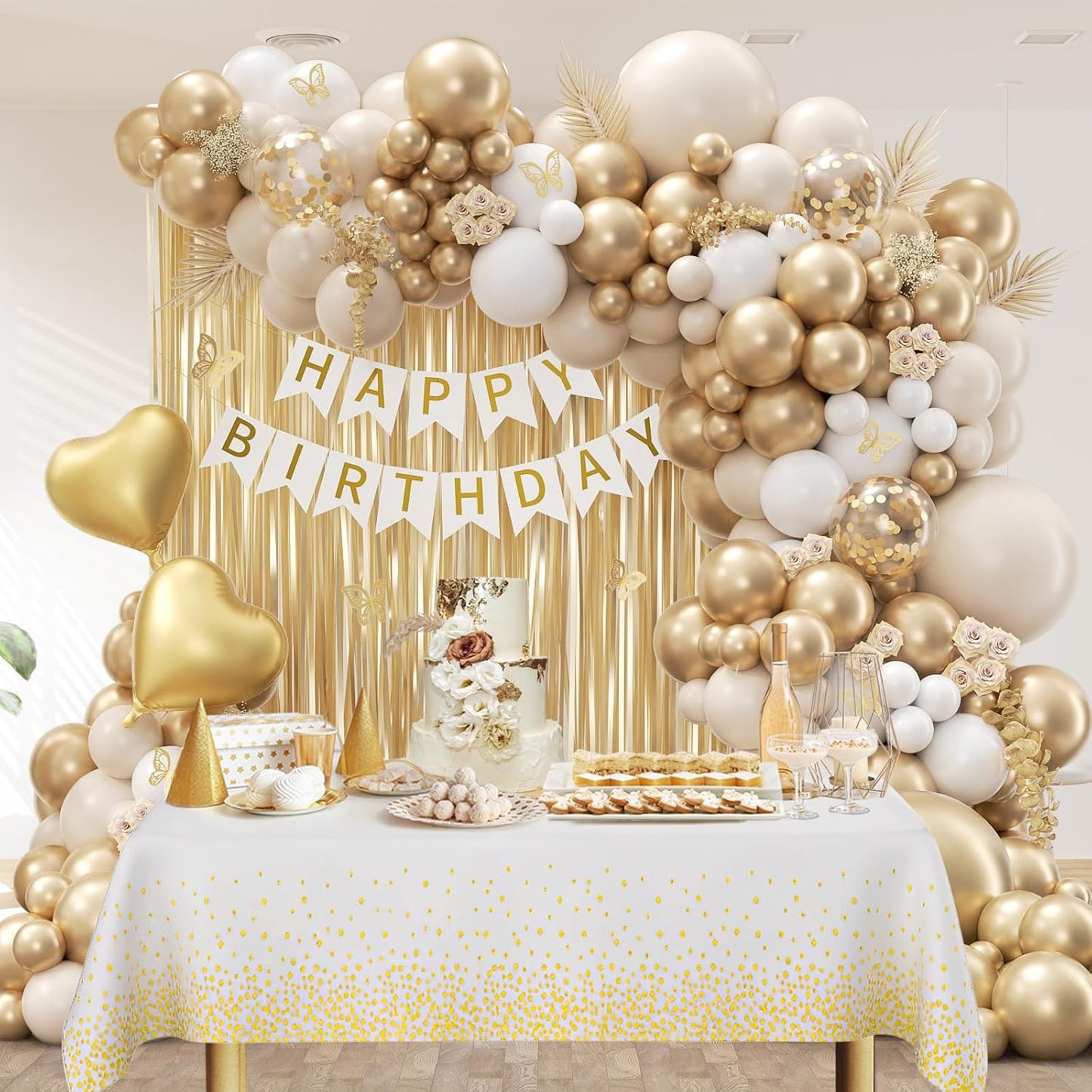 White and Gold Birthday Decorations for Women with Sand White Metallic Gold Confetti Foil Balloons Fringe Curtain Bannner for Golden Birthday Party Decorations for Women
