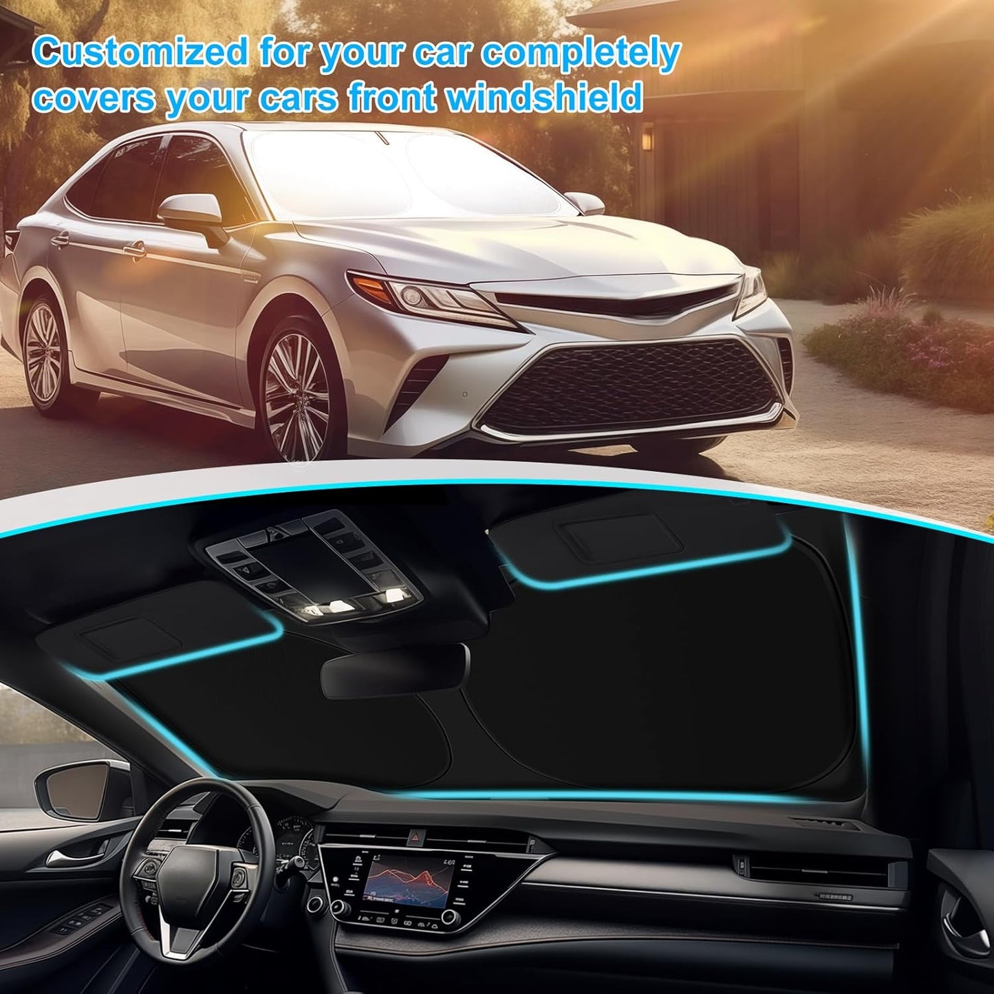 Car Windshield Sun Shade Compatible with 2025 2024 2023 2022 2021 2020 2019 2018 Camry LE XLE Hybrid SE XSE Sedan Accessories 2025 Upgrade Foldable Sunshade Custom Windshield Sun Visor