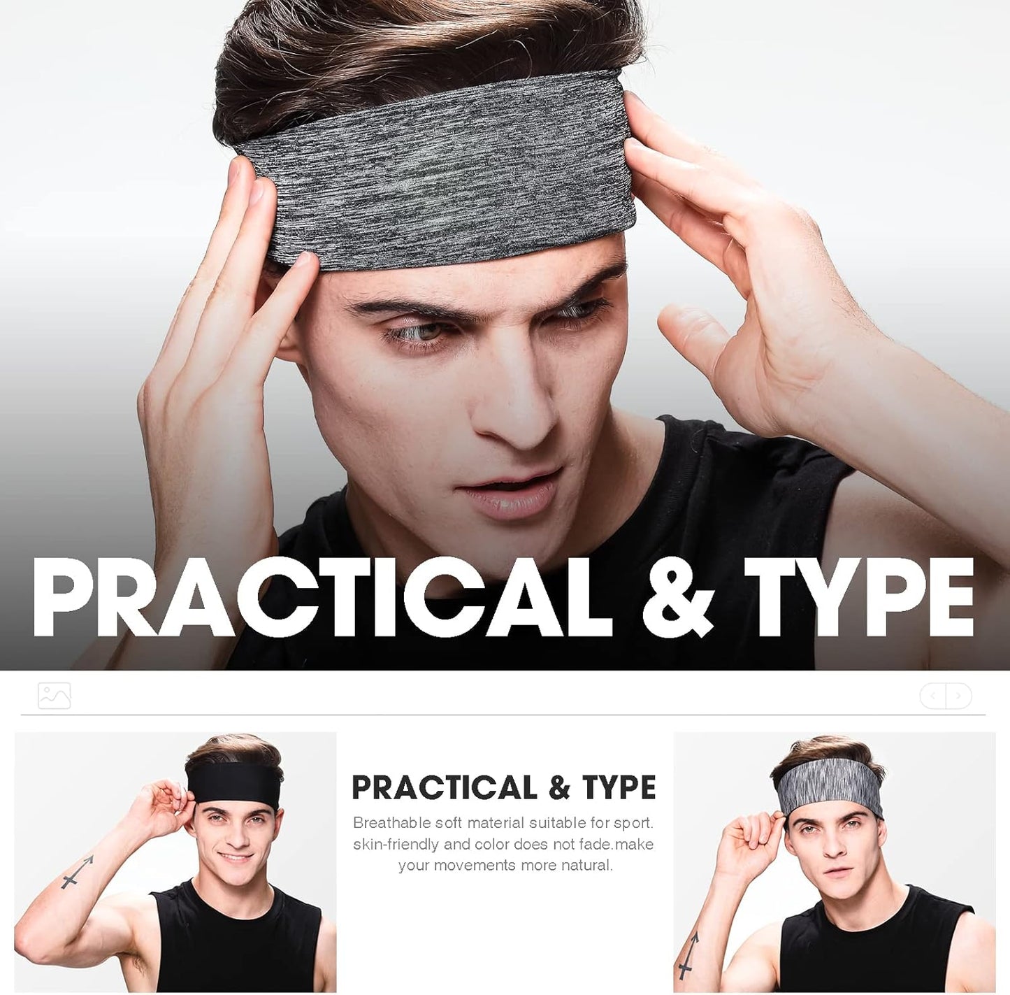 Men's Headbands, 3-Pack Head Band for Men, Sport Sweatbands for Running Fitness Yoga Cycling, Sweat Wicking Non Slip