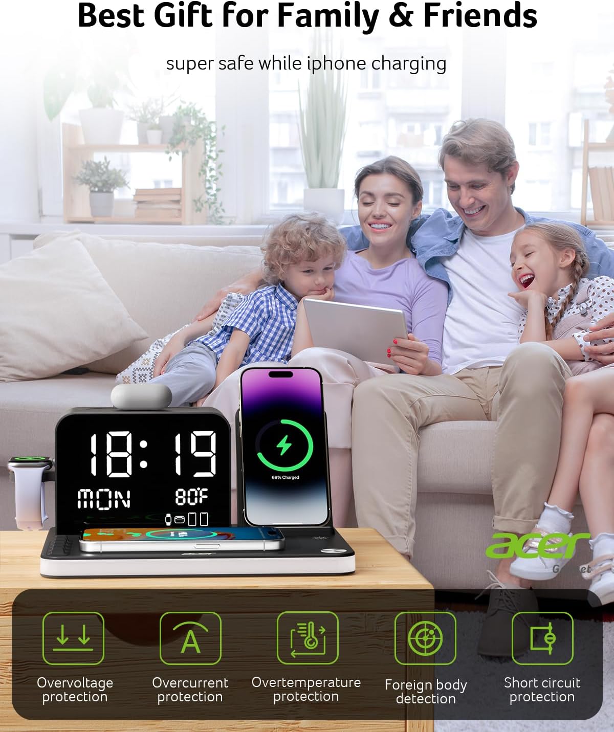 7-in-1 Wireless Charging Station: Charger Stand for Multiple Devices for Apple - iPhone 16 15 14 13 12 Pro Max Apple Watch Airpods, Wireless Charger iPhone Charging Station with Bluetooth TimeSyn