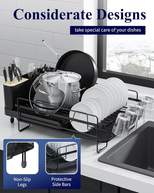 Large Dish Drying Rack - Extendable Dish Rack, Multifunctional Dish Rack for Kitchen Counter, Anti-Rust Dish Drainers with Cutlery & Cup Holders 19.2"-26.7" L x 12.9" W, Black