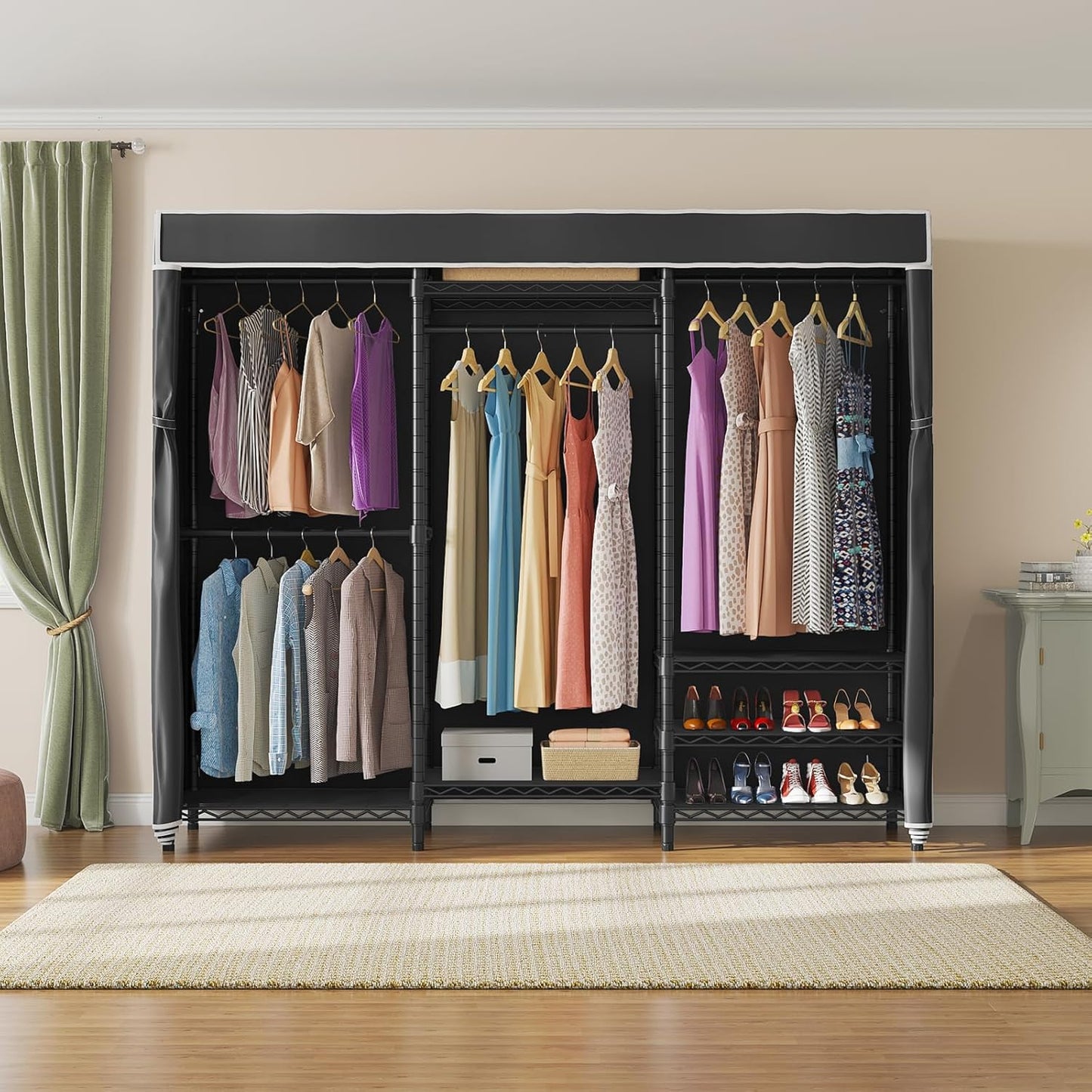 Heavy Duty Covered Clothes Rack Portable Bedroom Armoires Rack, Black Metal Clothing Rack with Black Cover, Adjustable Custom Freestanding Closet Wardrobe, Max Load 800LBS
