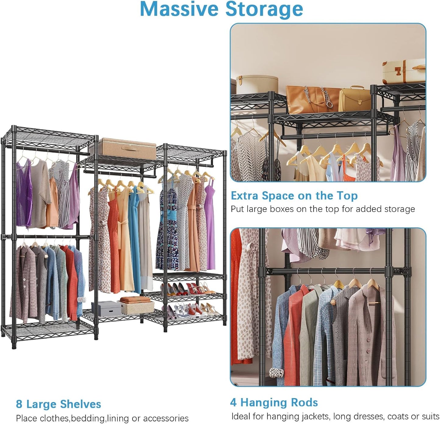 Heavy Duty Covered Clothes Rack Portable Bedroom Armoires Rack, Black Metal Clothing Rack with Black Cover, Adjustable Custom Freestanding Closet Wardrobe, Max Load 800LBS