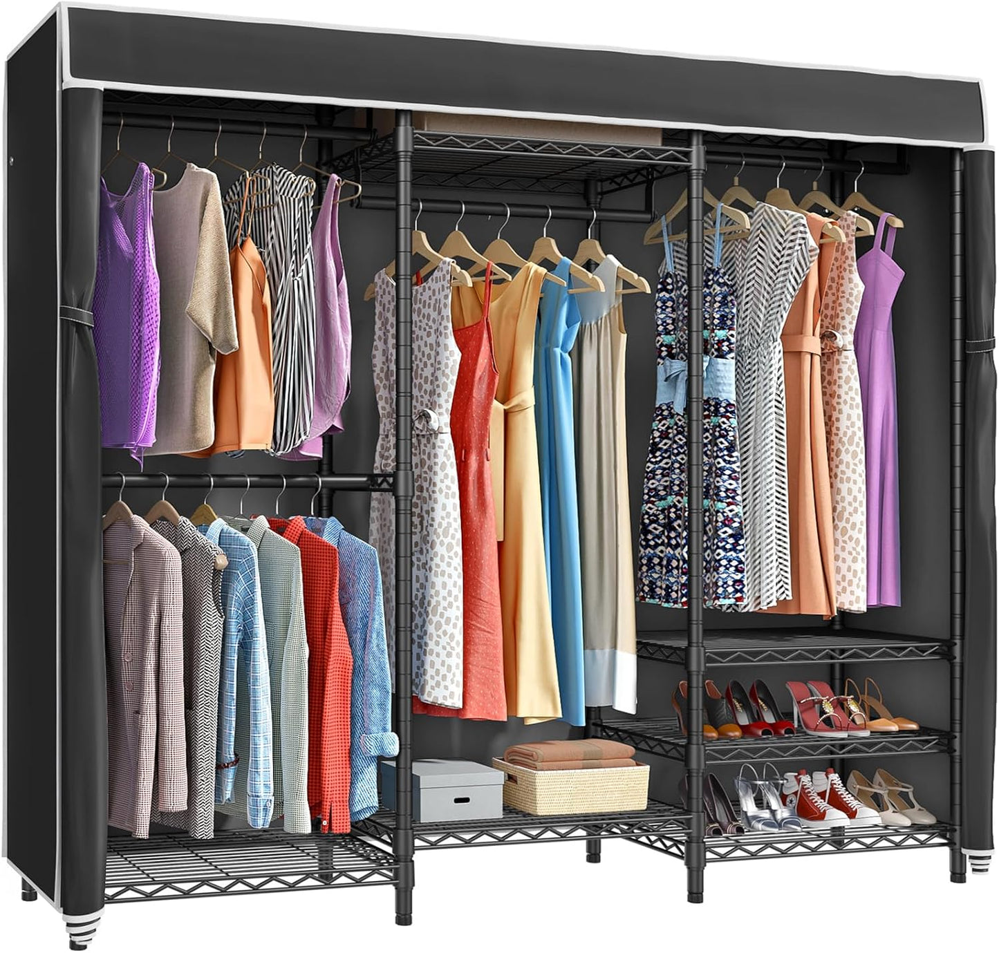 Heavy Duty Covered Clothes Rack Portable Bedroom Armoires Rack, Black Metal Clothing Rack with Black Cover, Adjustable Custom Freestanding Closet Wardrobe, Max Load 800LBS